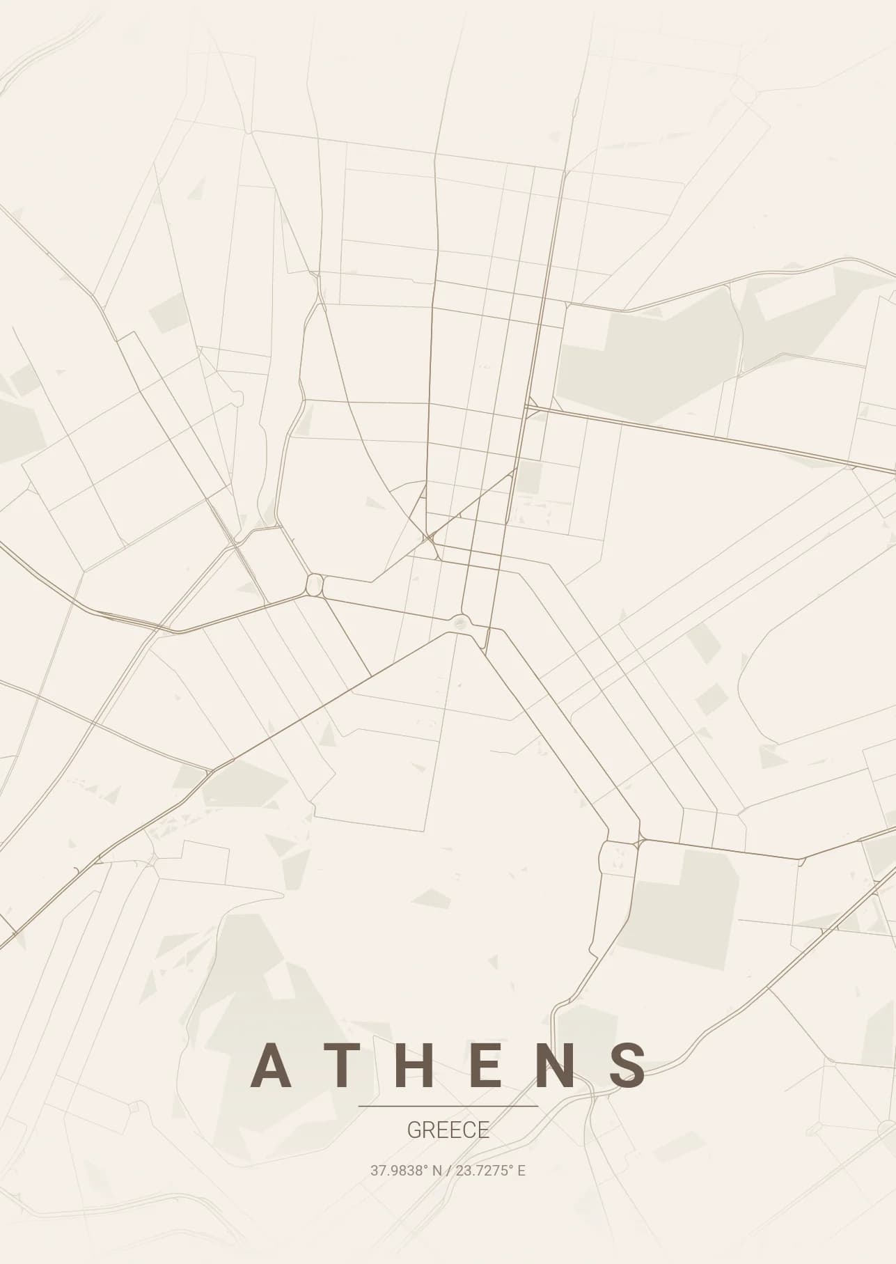 Athens map poster in Warm Beige theme