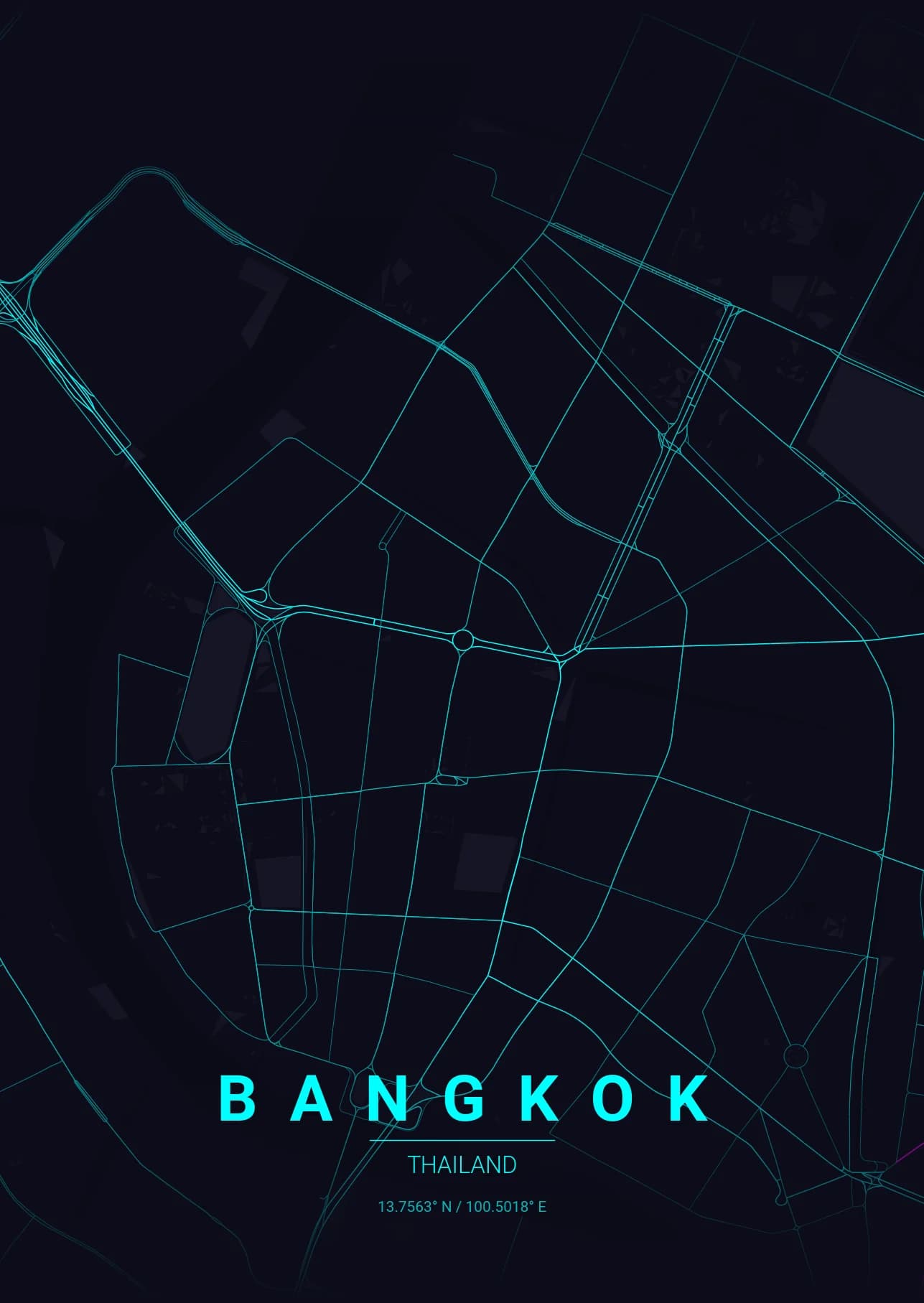 Bangkok map poster in Neon Cyberpunk theme