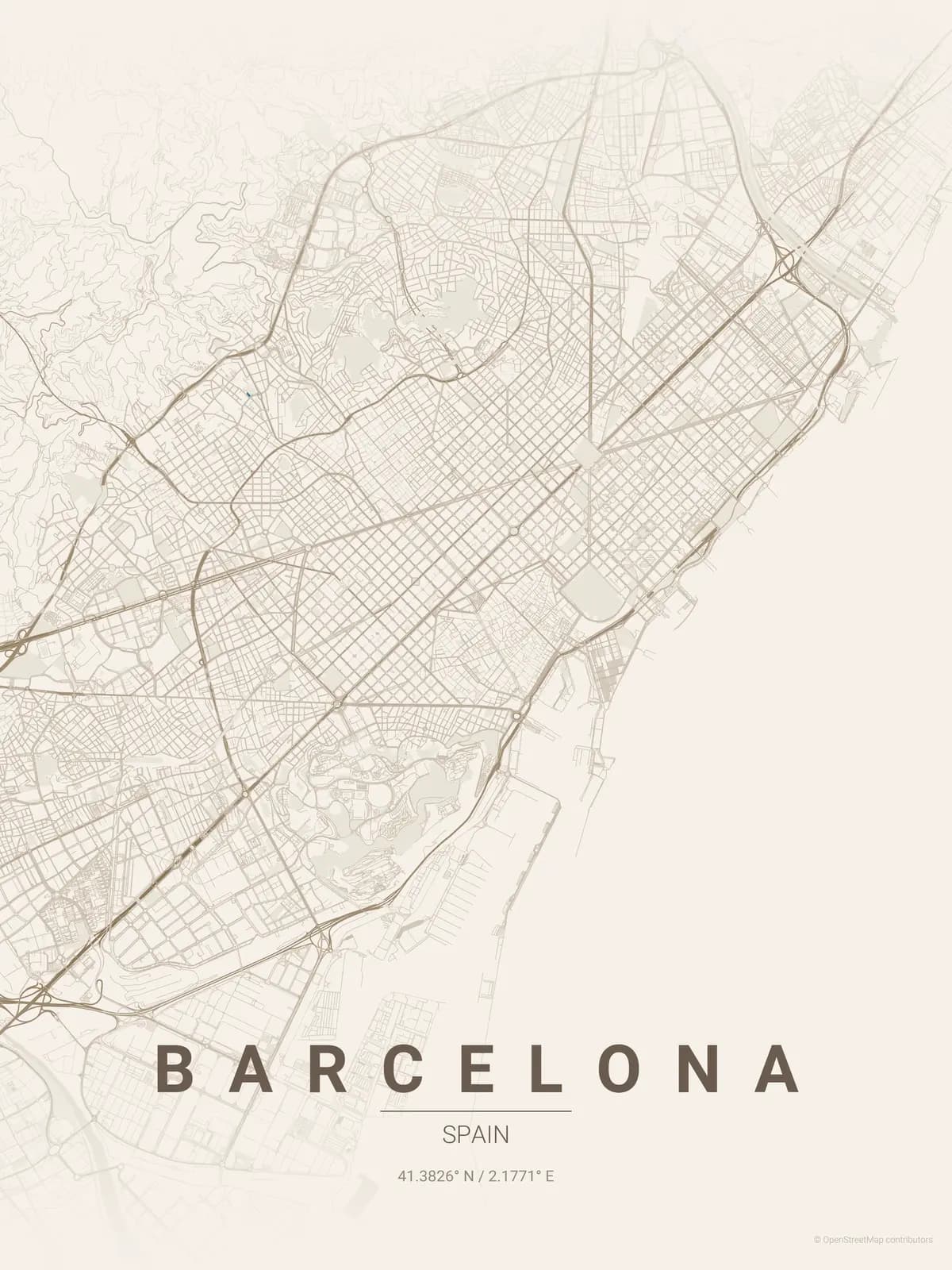 Barcelona map poster in Warm Beige theme