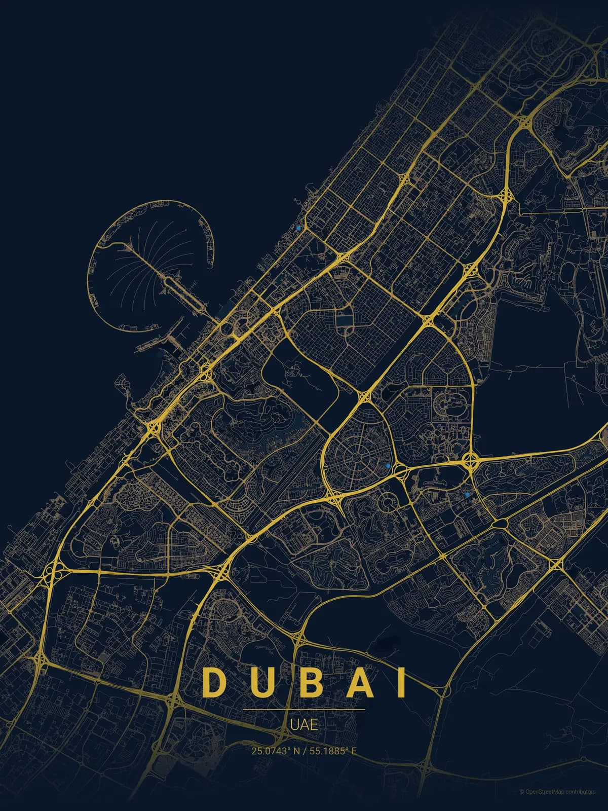 Dubai map poster in Midnight Blue theme