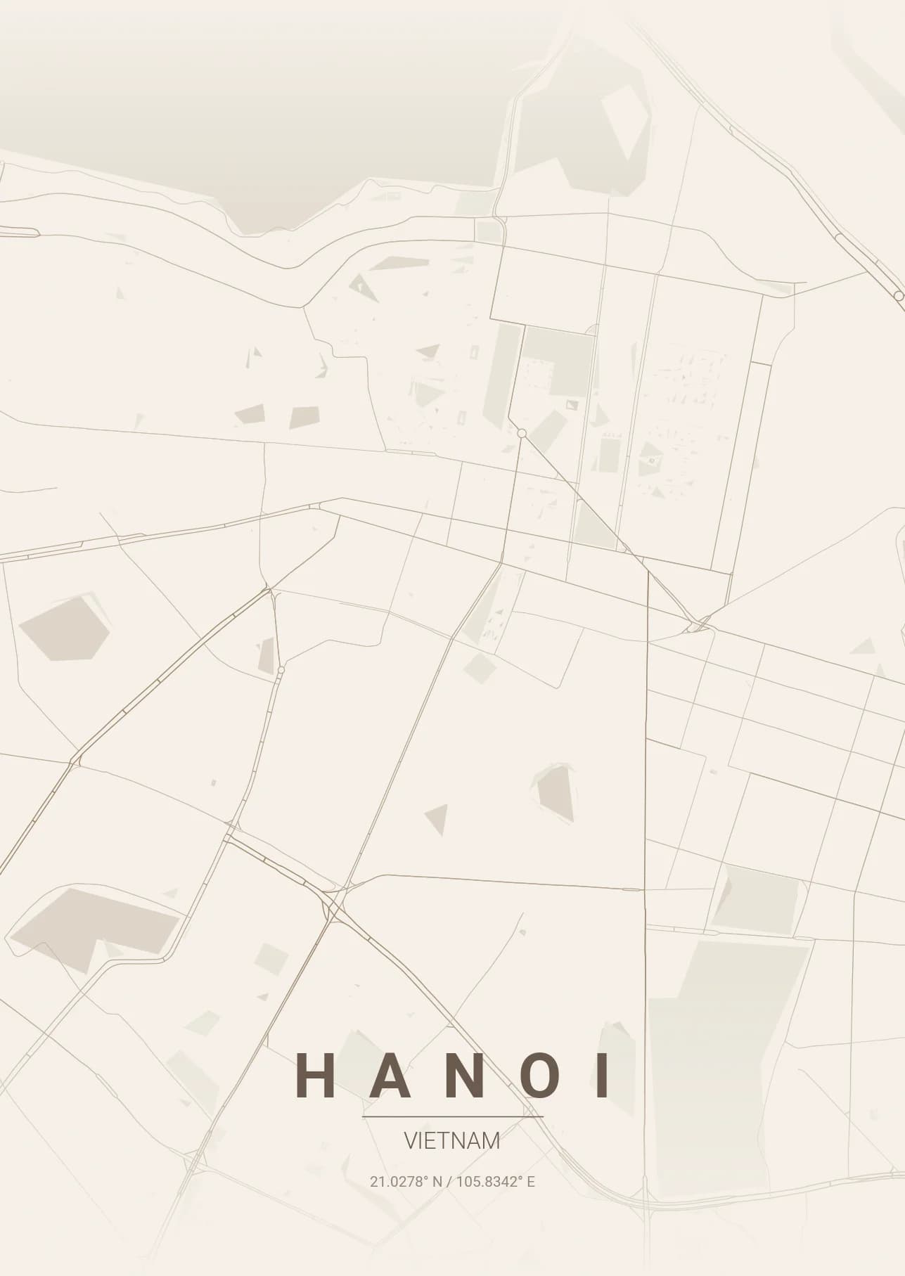 Hanoi map poster in Warm Beige theme