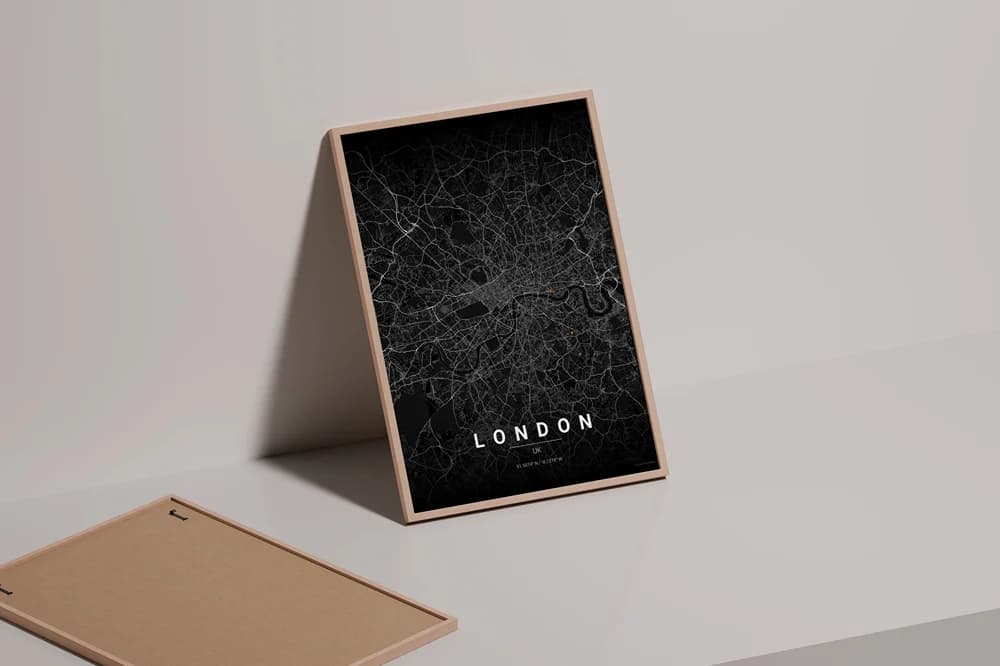 Map poster as wall art in a living room