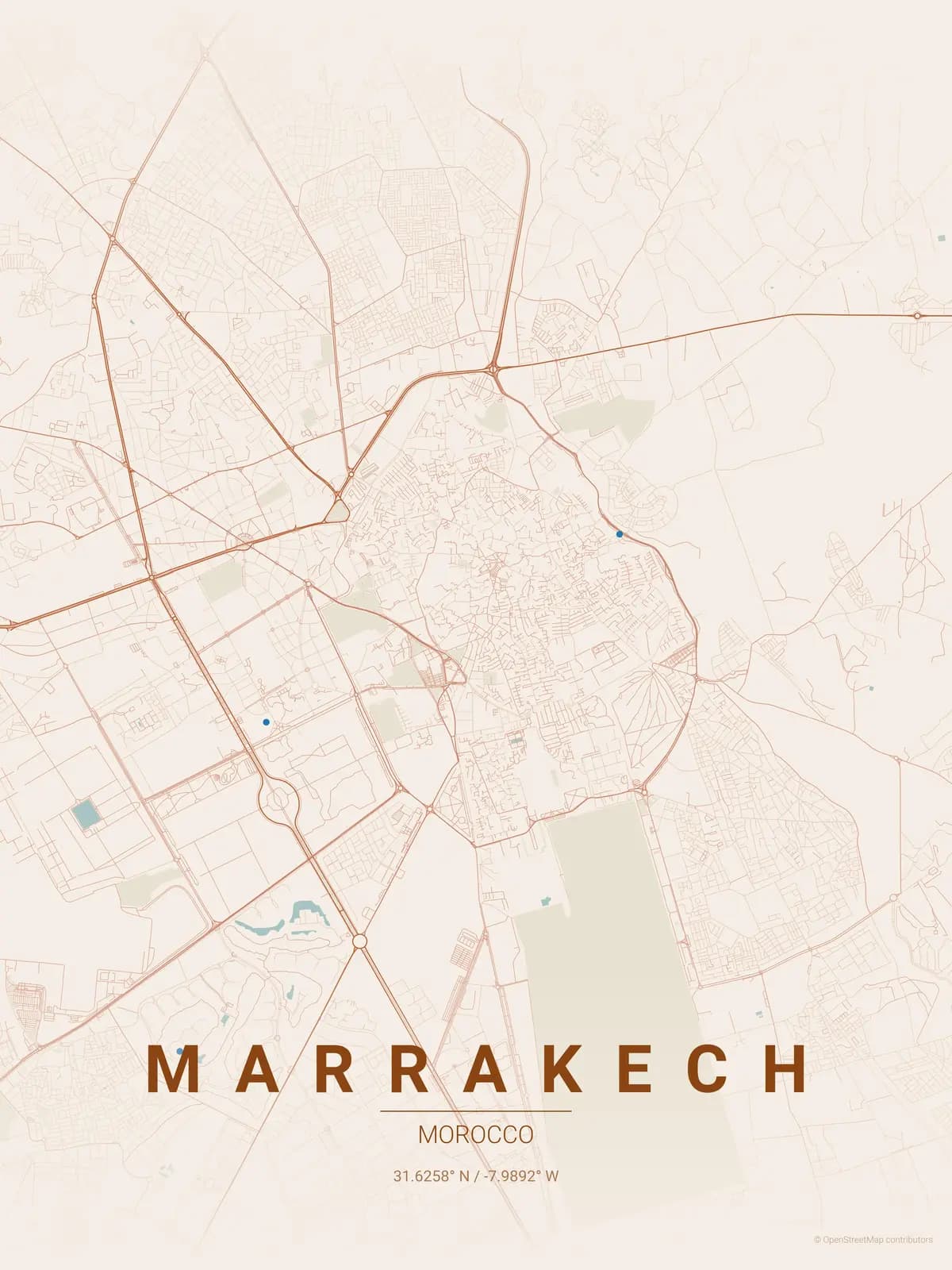 Marrakech map poster in Terracotta theme