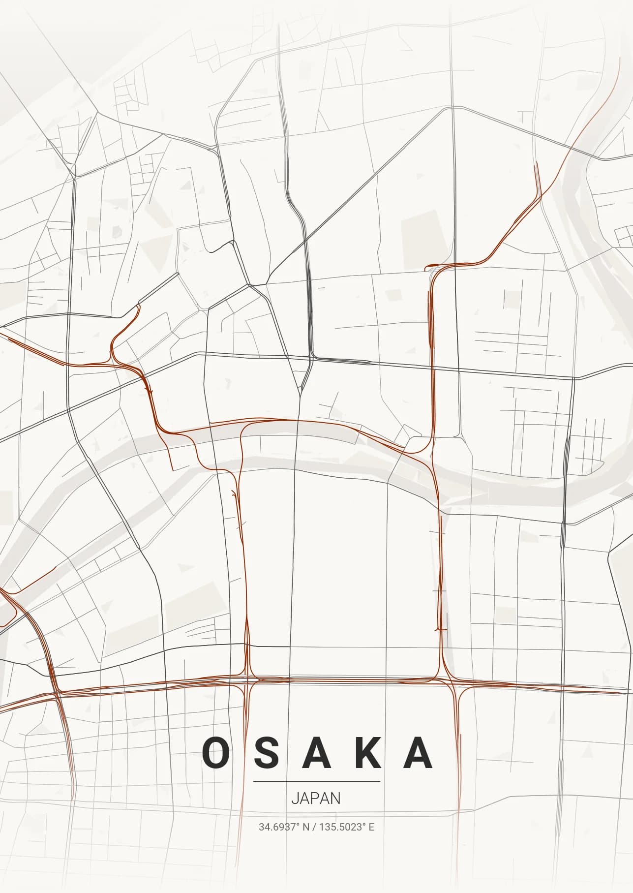 Osaka map poster in Japanese Ink theme
