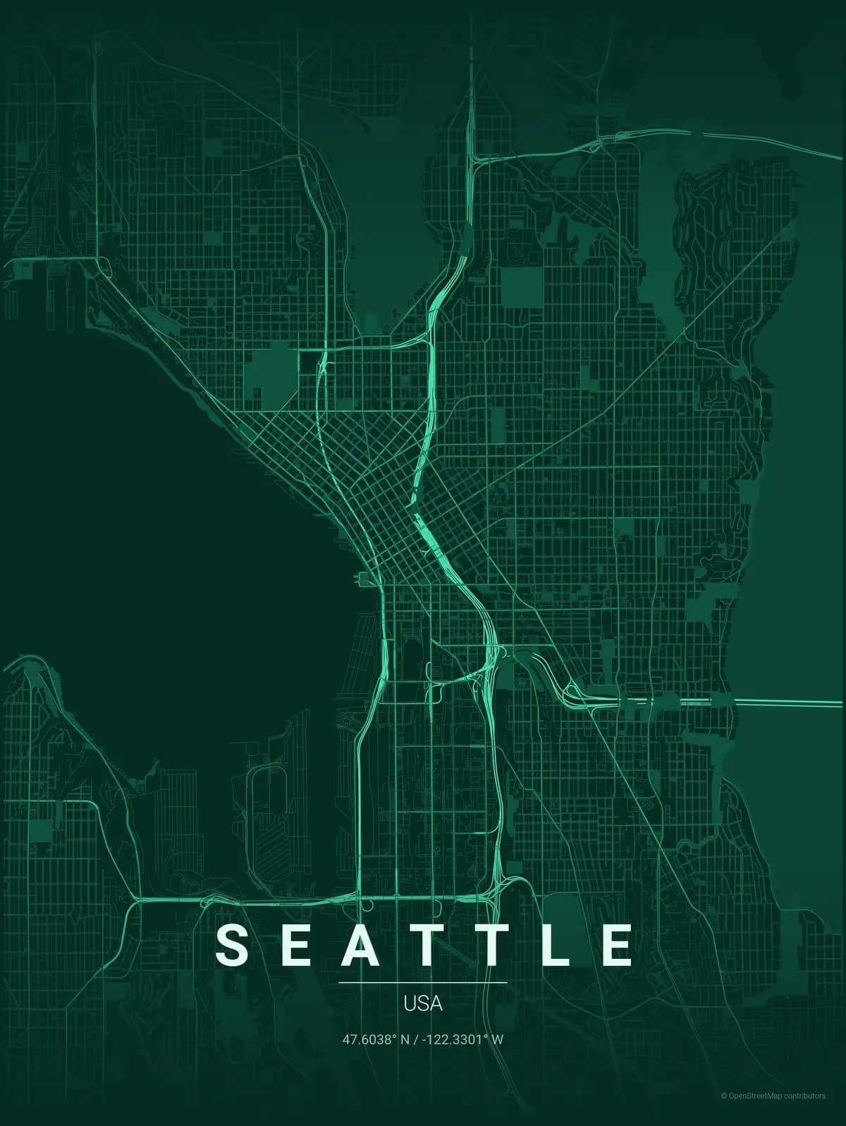 Seattle map poster in Emerald theme