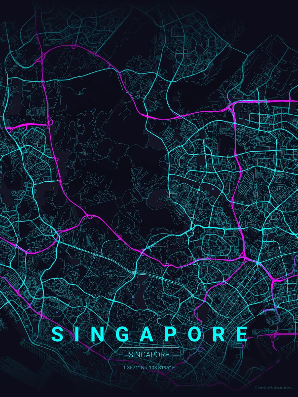 Singapore map poster in Neon Cyberpunk theme