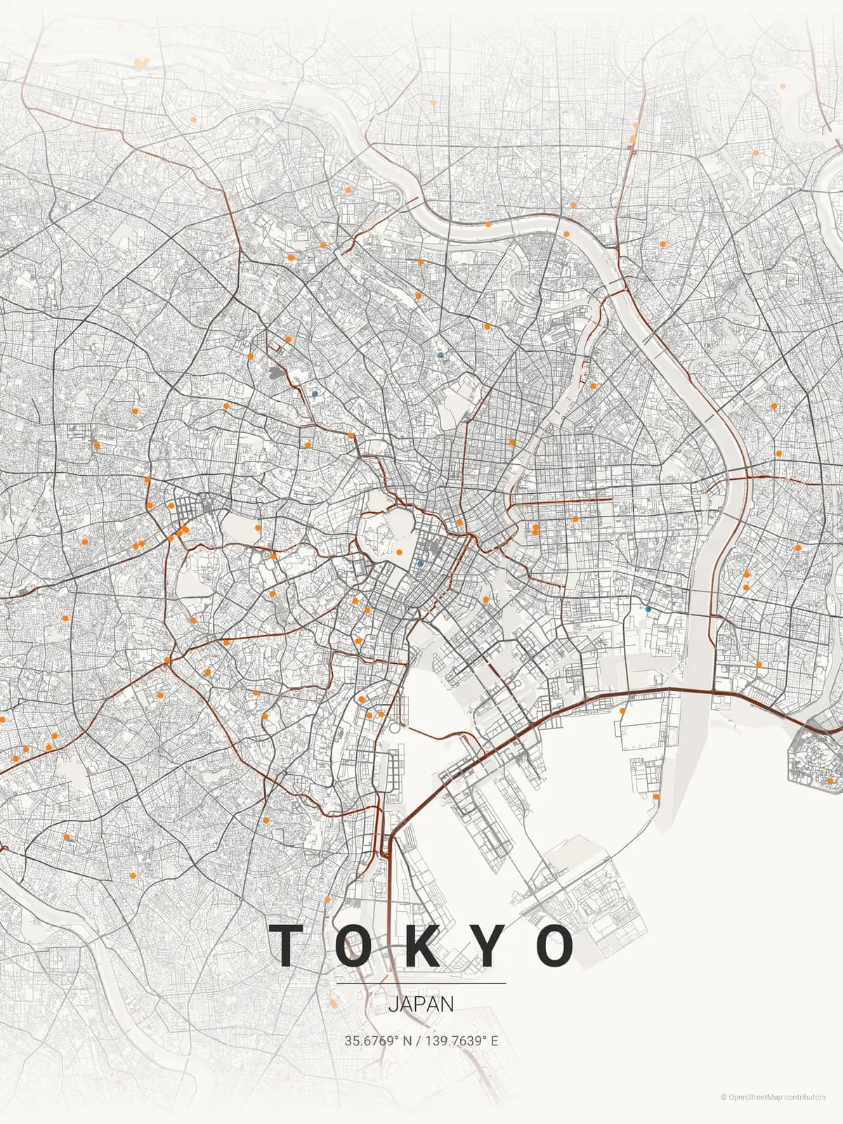 Tokyo map poster in Japanese Ink theme