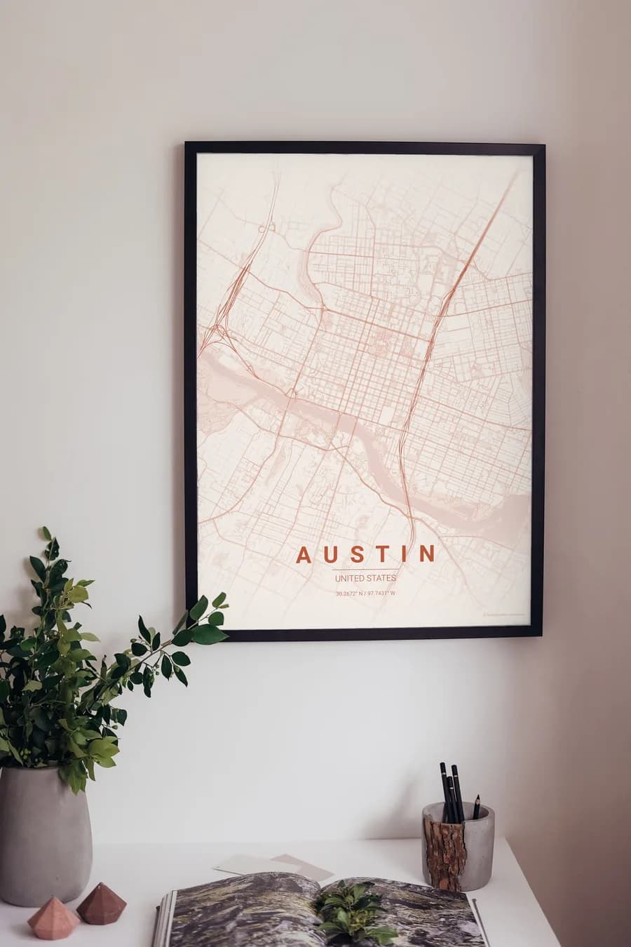 Poster della mappa di Austin: un fiume, una griglia e l'Hill Country sullo sfondo