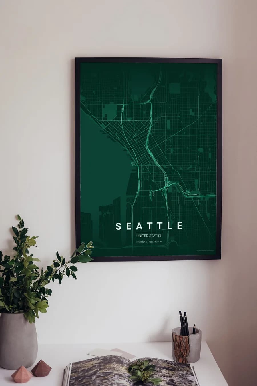 Poster della mappa di Seattle: la Città di Smeraldo stretta tra due acque