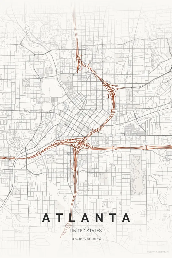 Atlanta map poster in the Japanese Ink theme