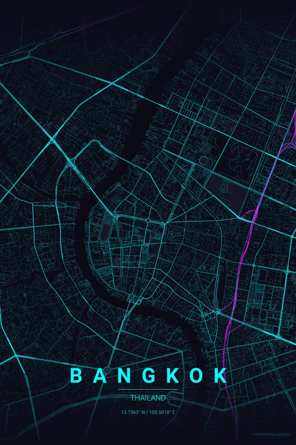 Póster do mapa de Bangkok no tema Neon Cyberpunk