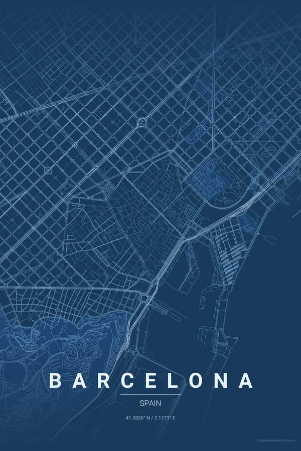 Poster della mappa di Barcelona nel tema Blueprint