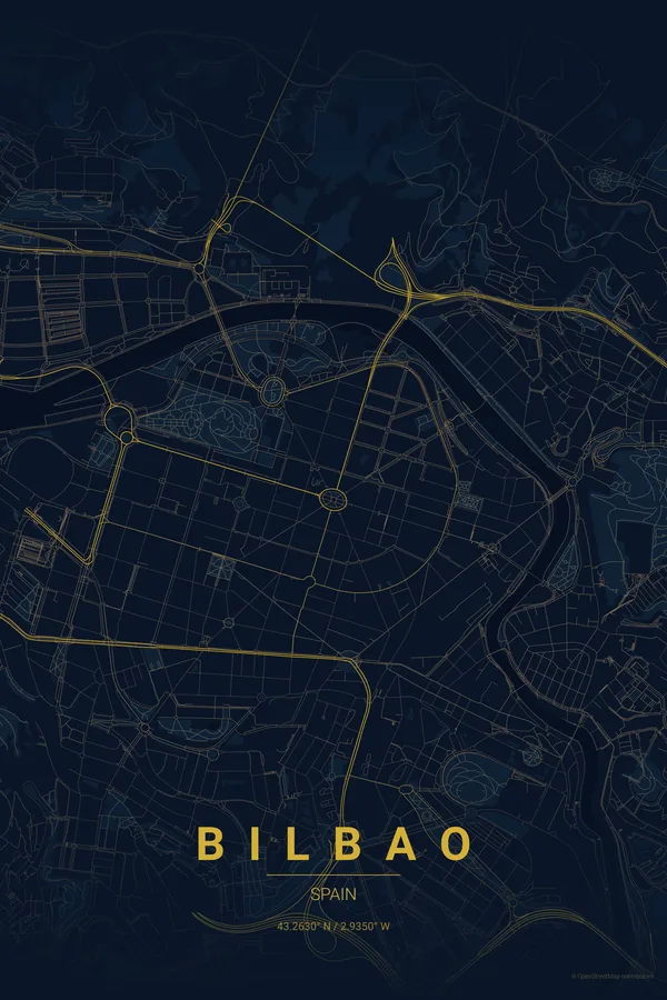 Kortplakat over Bilbao i temaet Midnight Blue