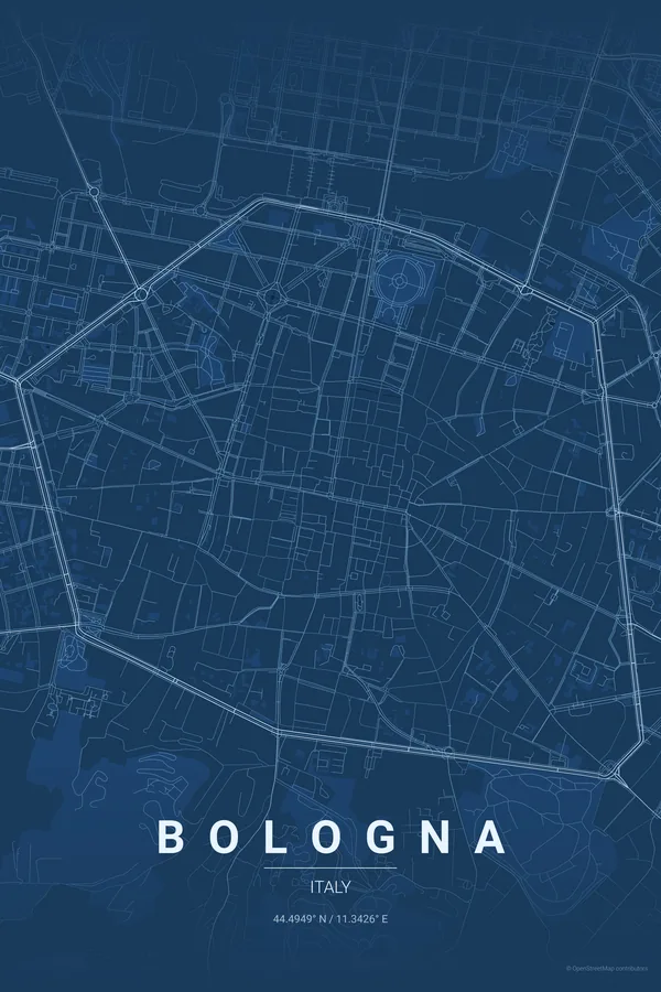 Kartplakat over Bologna i temaet Blueprint
