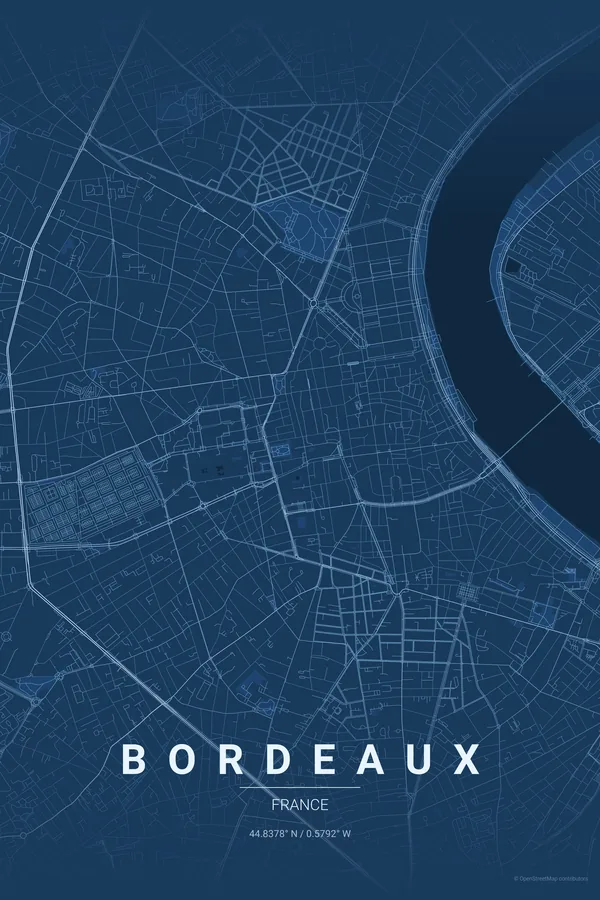 Bordeaux map poster in the Blueprint theme
