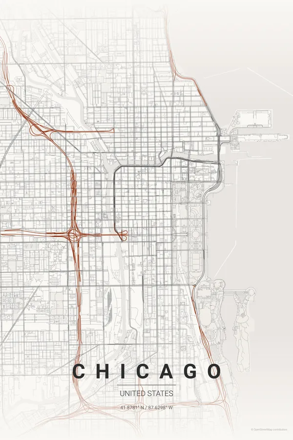Chicago map poster in the Japanese Ink theme
