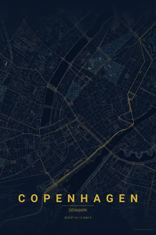 Poster della mappa di Copenhagen nel tema Midnight Blue