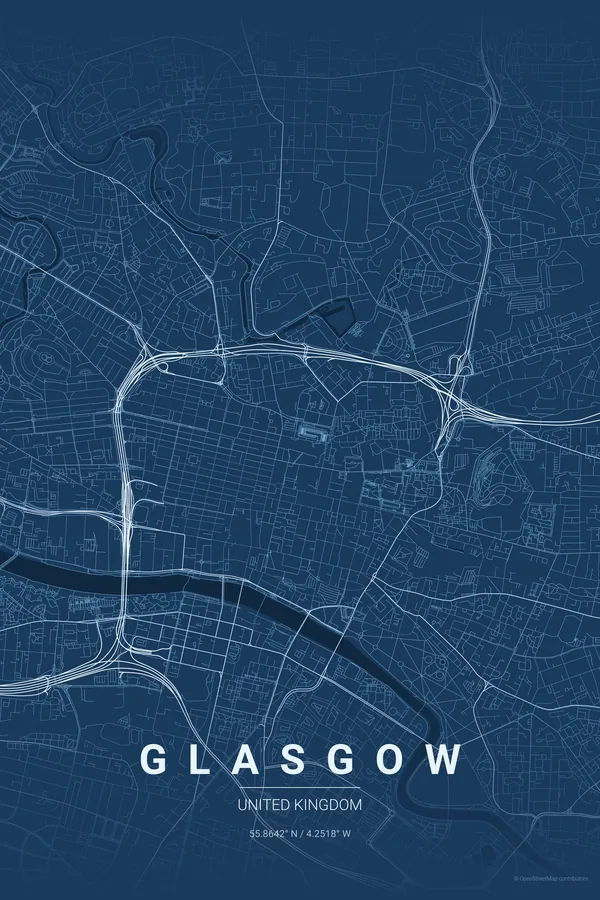 Pôster do mapa de Glasgow na paleta Blueprint
