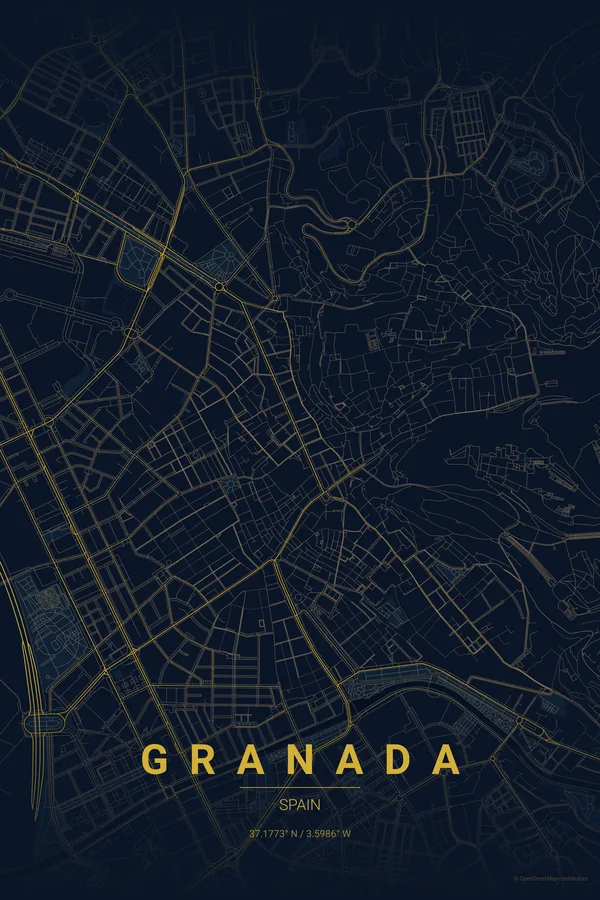 Póster do mapa de Granada no tema Midnight Blue