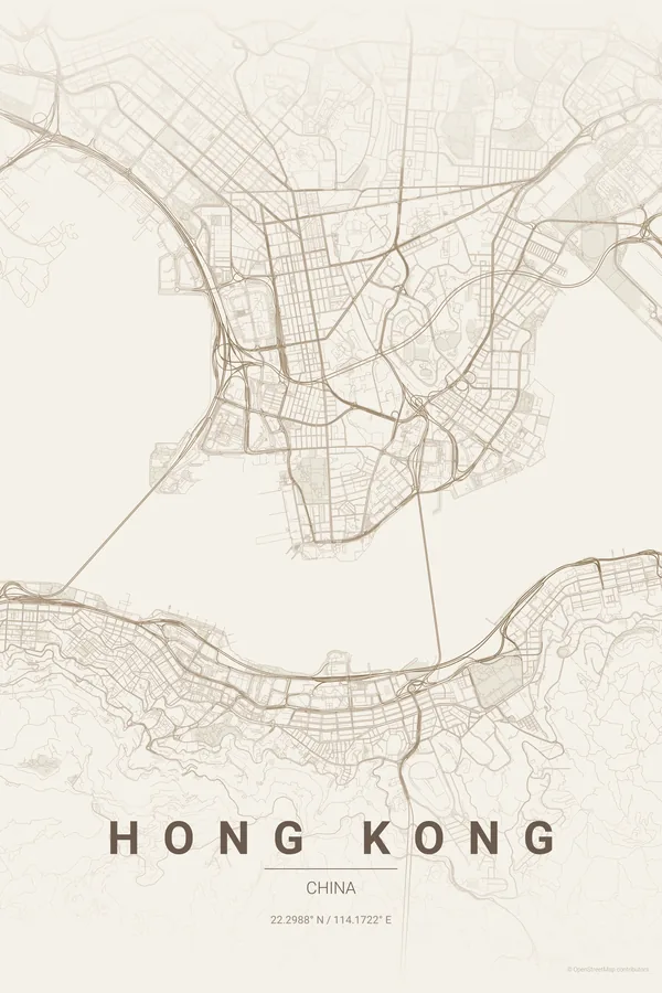 Poster della mappa di Hong Kong nel tema Warm Beige
