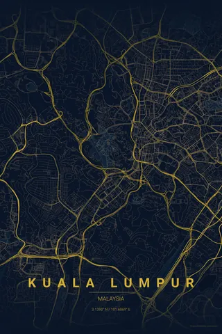 Poster della mappa di Kuala Lumpur nel tema Midnight Blue
