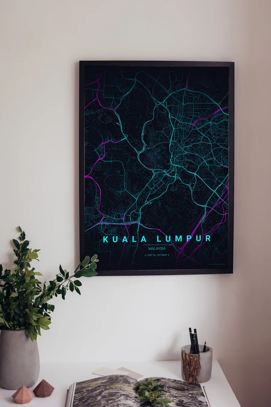 Kuala Lumpur map poster framed on a living-room wall