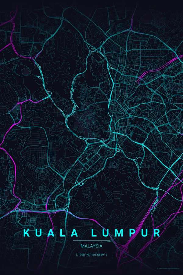 Kuala Lumpur map poster in the Neon Cyberpunk palette