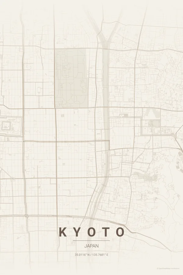 Póster do mapa de Kyoto no tema Warm Beige