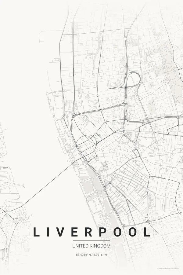 Póster del mapa de Liverpool en el tema Japanese Ink