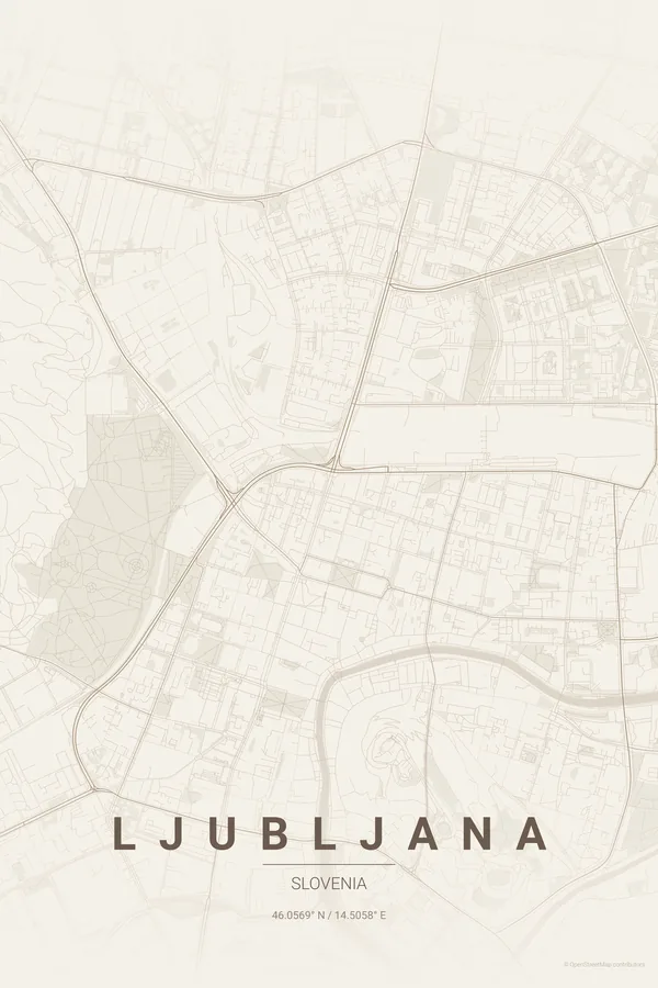 Ljubljana map poster in the Warm Beige theme