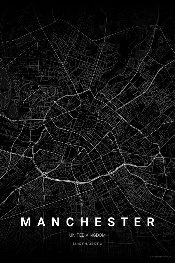 Manchester map poster in the Noir theme