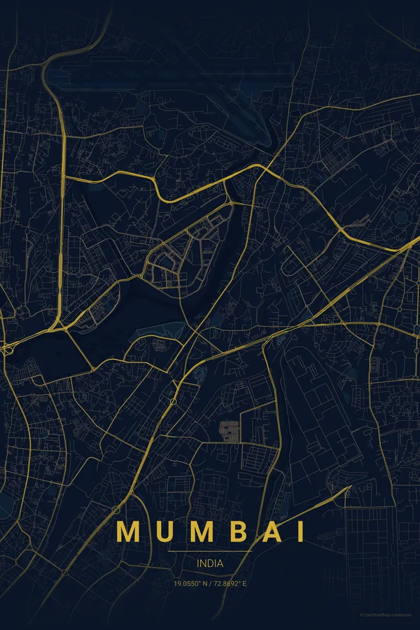 Kartplakat over Mumbai i temaet Midnight Blue