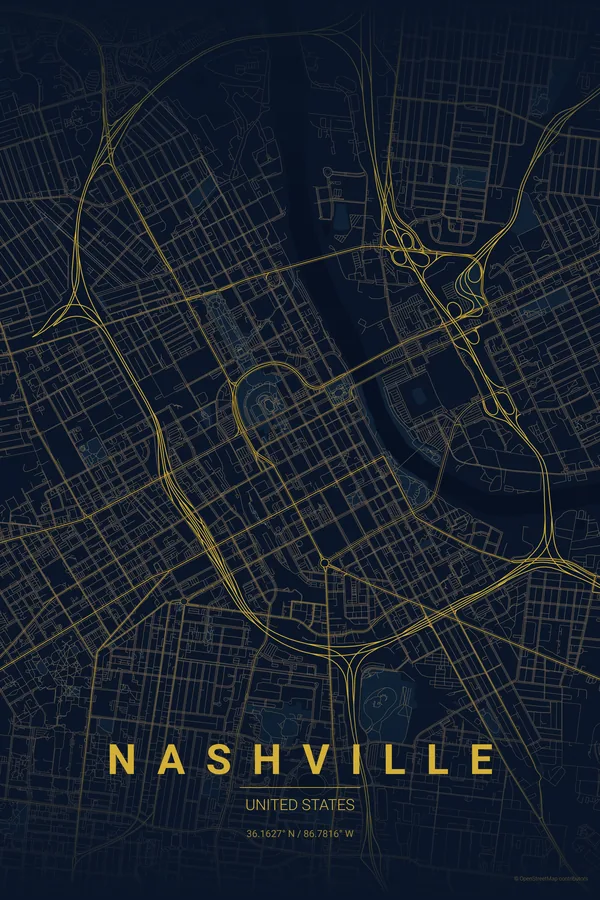 Kartplakat over Nashville i temaet Midnight Blue