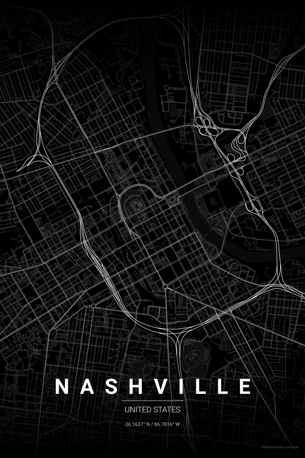 Nashville map poster in the Noir theme