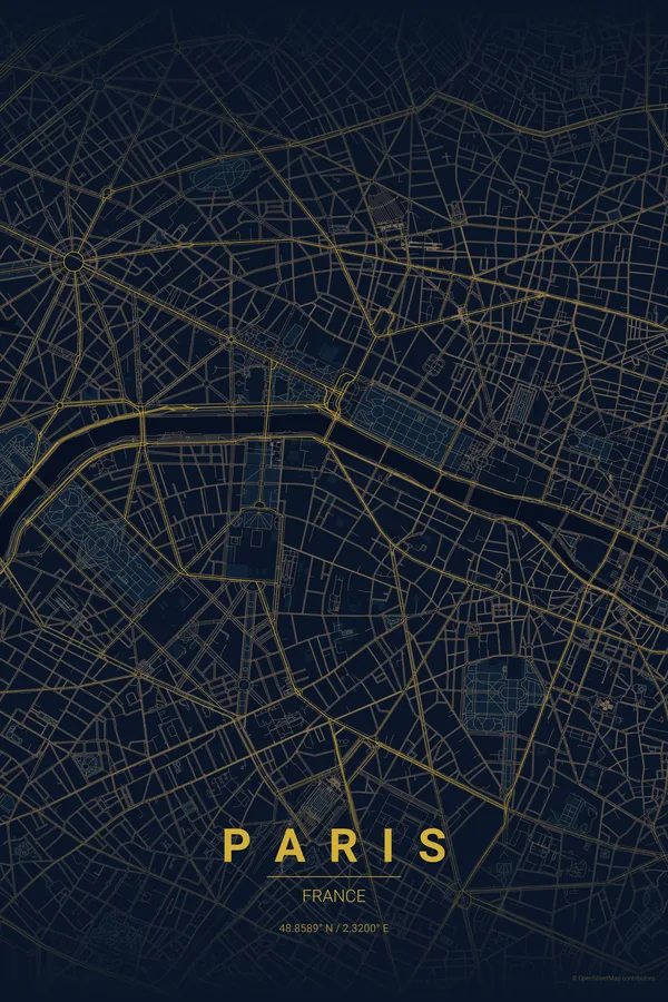 Póster do mapa de Paris no tema Midnight Blue