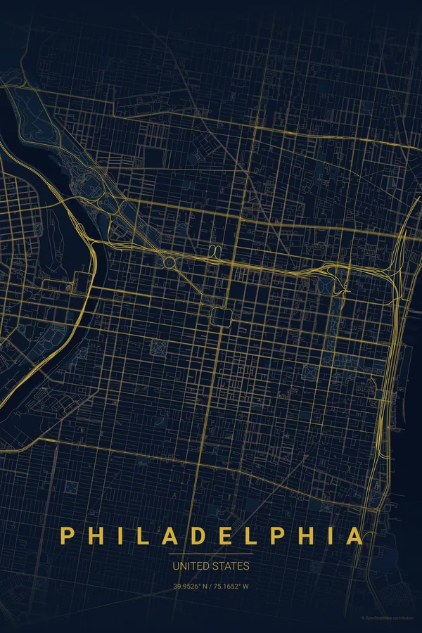 Midnight BlueテーマのPhiladelphia地図ポスター