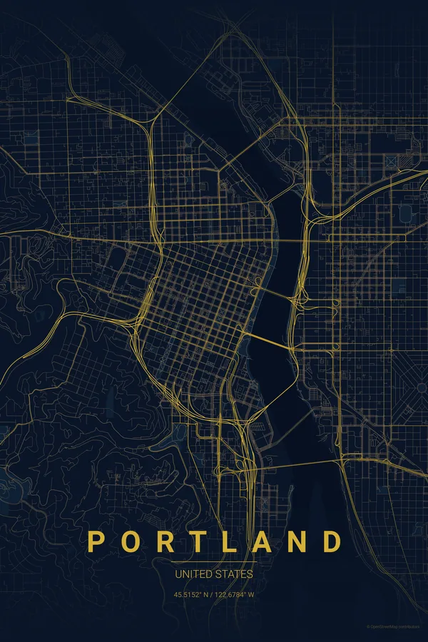 Midnight BlueテーマのPortland地図ポスター