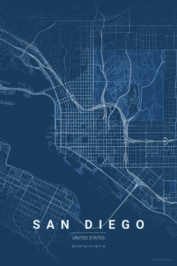 San Diego map poster in the Blueprint theme