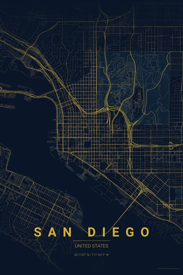 Póster del mapa de San Diego en el tema Midnight Blue