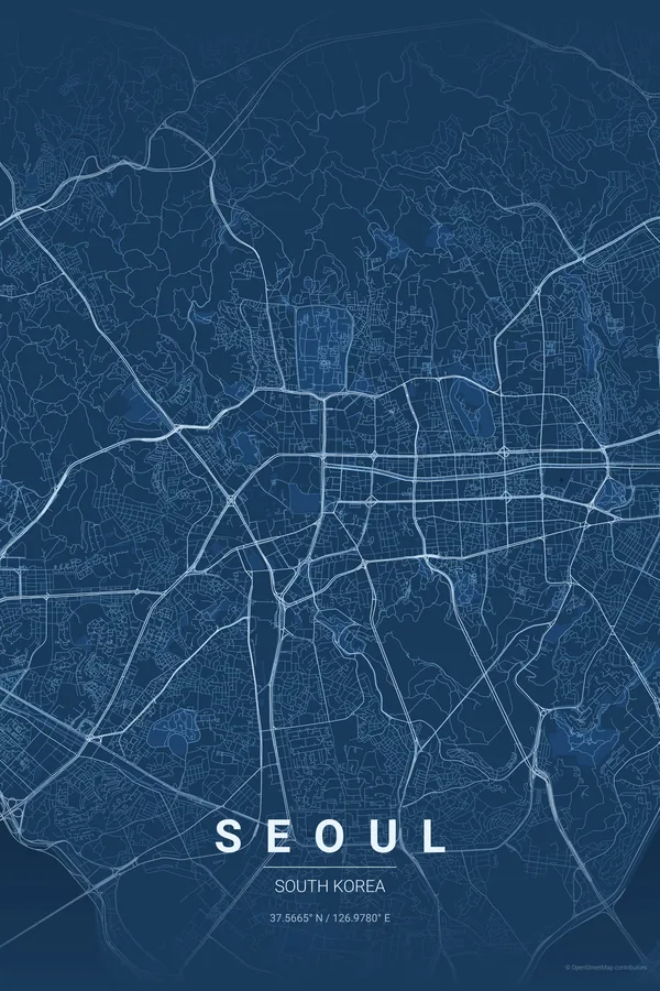Plakat z mapą Seoul w motywie Blueprint