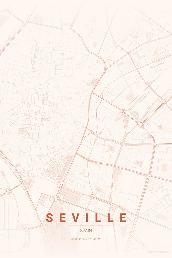 Póster del mapa de Sevilla en la paleta Sunset