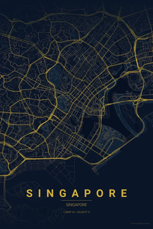 Singapore map poster in the Midnight Blue theme