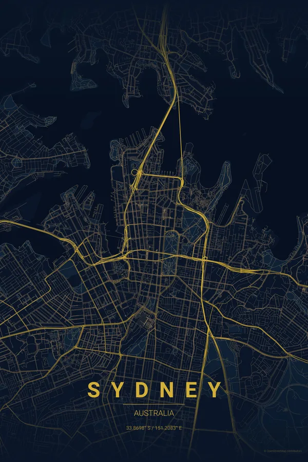 Kortplakat over Sydney i temaet Midnight Blue