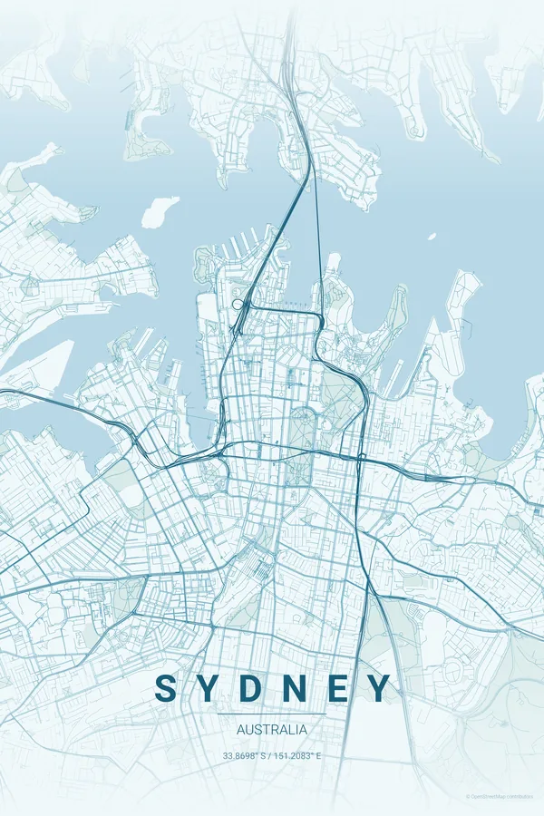 Pôster do mapa de Sydney na paleta Ocean
