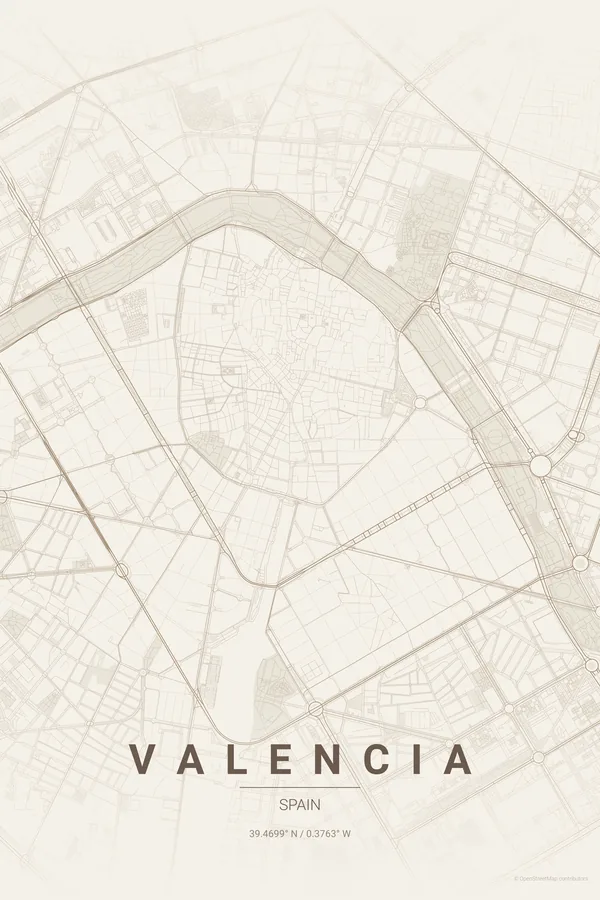 Warm BeigeテーマのValencia地図ポスター