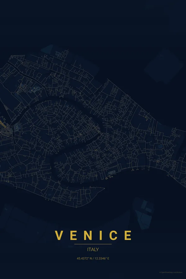 Midnight Blue 테마의 Venice 지도 포스터