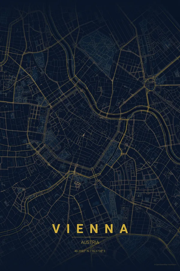 Kortplakat over Vienna i temaet Midnight Blue
