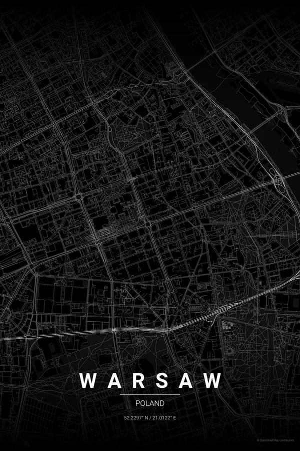Kartplakat av Warszawa i paletten Noir