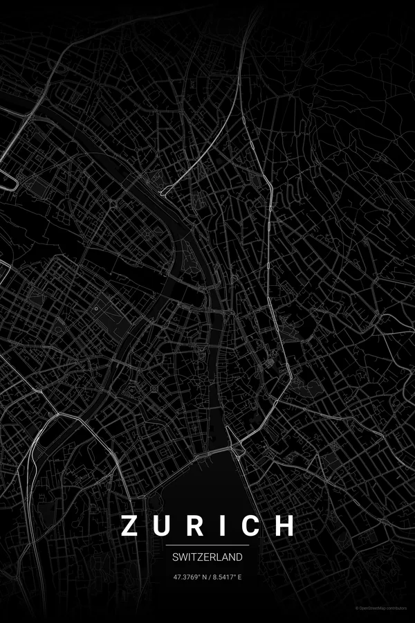 Poster de la carte de Zurich dans la palette Noir