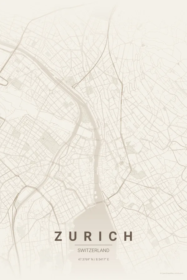 Póster do mapa de Zurich no tema Warm Beige